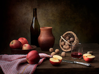 10cm x 7cm Still life with wine, nuts and apples von Tatyana Skorokhod