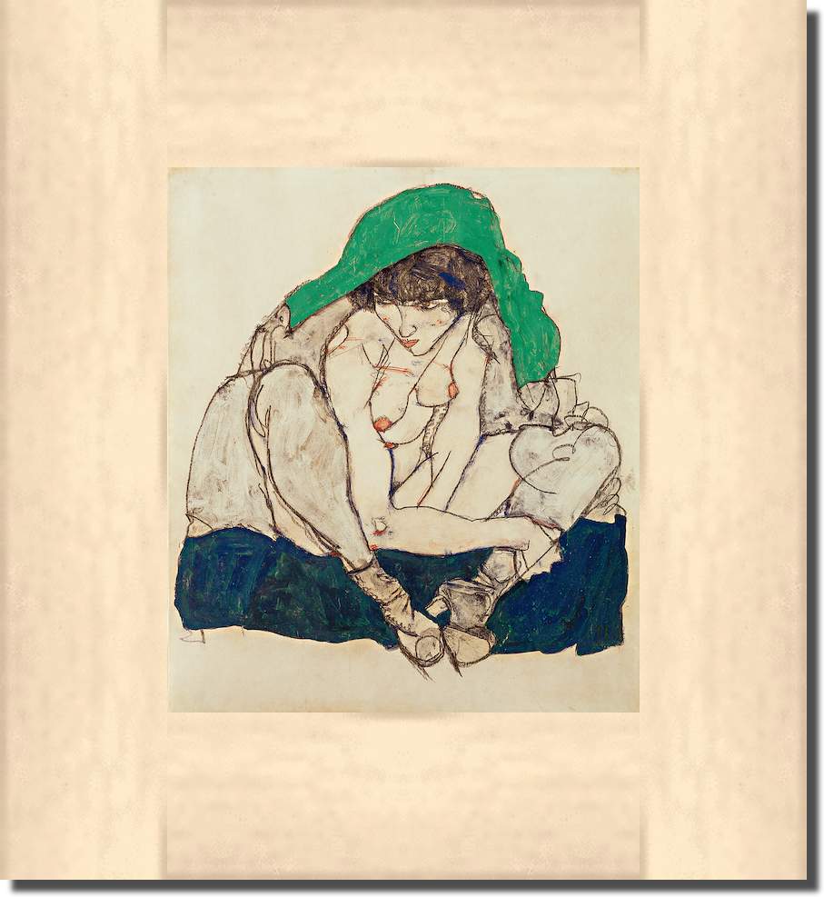 Kauernde mit grünem Kopftuch von Egon Schiele