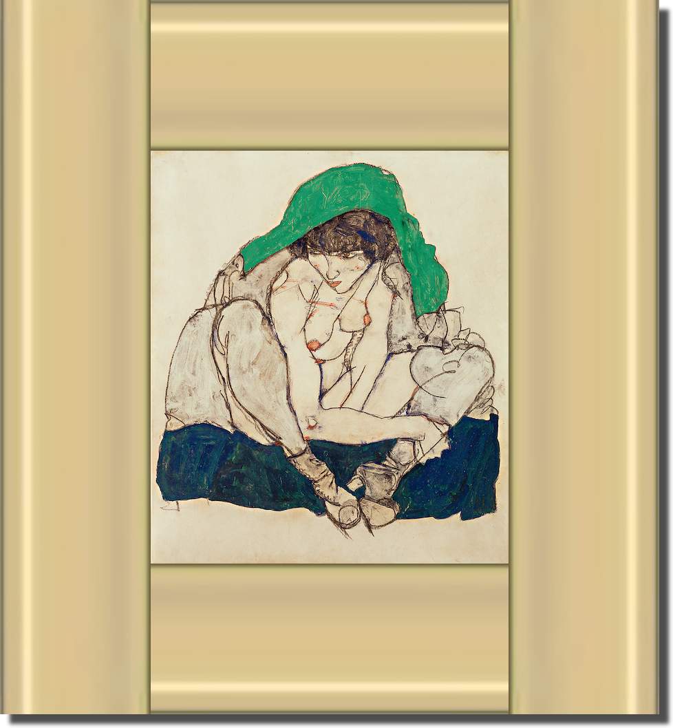 Kauernde mit grünem Kopftuch von Egon Schiele