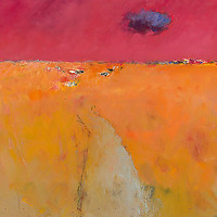 100cm x 100cm Landscape in orange and red von Groenhart, Jan