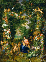 45cm x 60cm Hl. Familie in einem Blumenkranz von Jan d.Ä. Brueghel
