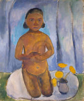 40cm x 48cm Kniendes Kind vor blauem Vorhang von Paula Modersohn-Becker