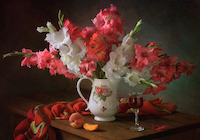 10cm x 7cm Still life with a bouquet of gladioli and a peach von Tatyana Skorokhod