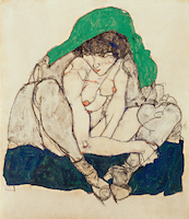 8.5cm x 10cm Kauernde mit grünem Kopftuch von Egon Schiele
