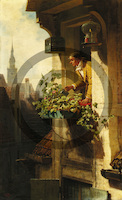 3cm x 5cm Mann beim Gießen des Blumenkastens (Die Dachstube I) von Carl Spitzweg