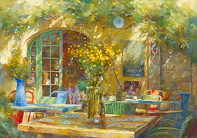 100cm x 70cm Terrasse - Le petit café von Johan Messely