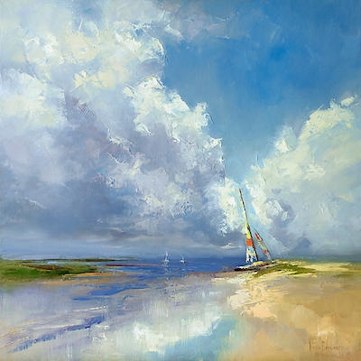 50cm x 50cm Sailboat on a Sandy Beach von Kasia Bruniany