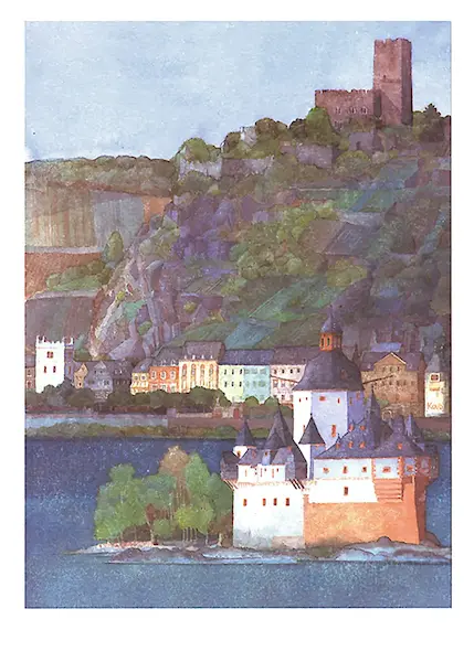 50cm x 70cm Die Pfalz bei Kaub und Burg Gutenfels, Rhein von Helga Westphal
