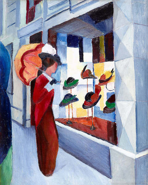 Array Frau mit Sonnenschirm vor Hutladen von August Macke