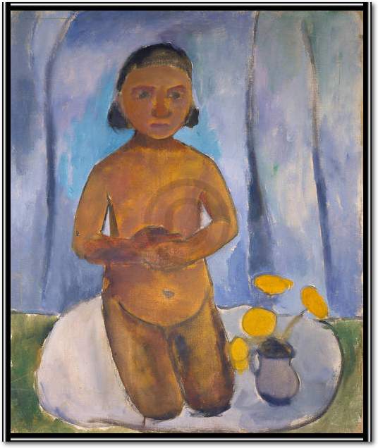 Kniendes Kind vor blauem Vorhang von Paula Modersohn-Becker