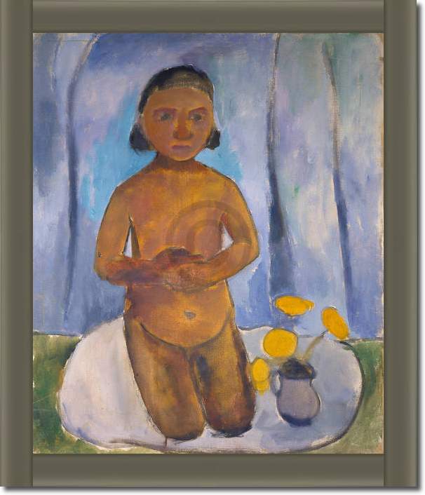 Kniendes Kind vor blauem Vorhang von Paula Modersohn-Becker