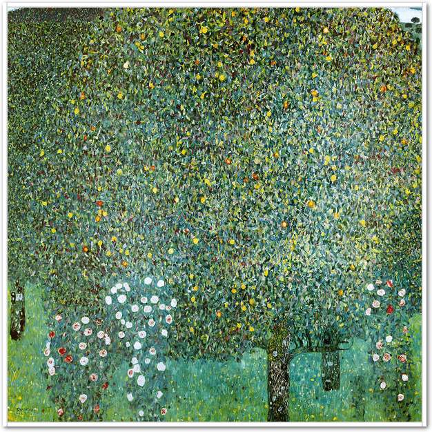 Rosensträucher unter Bäumen      von Gustav Klimt