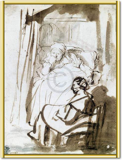 Saskia im Bett mit Krankenschwes von Van Rijn Rembrandt