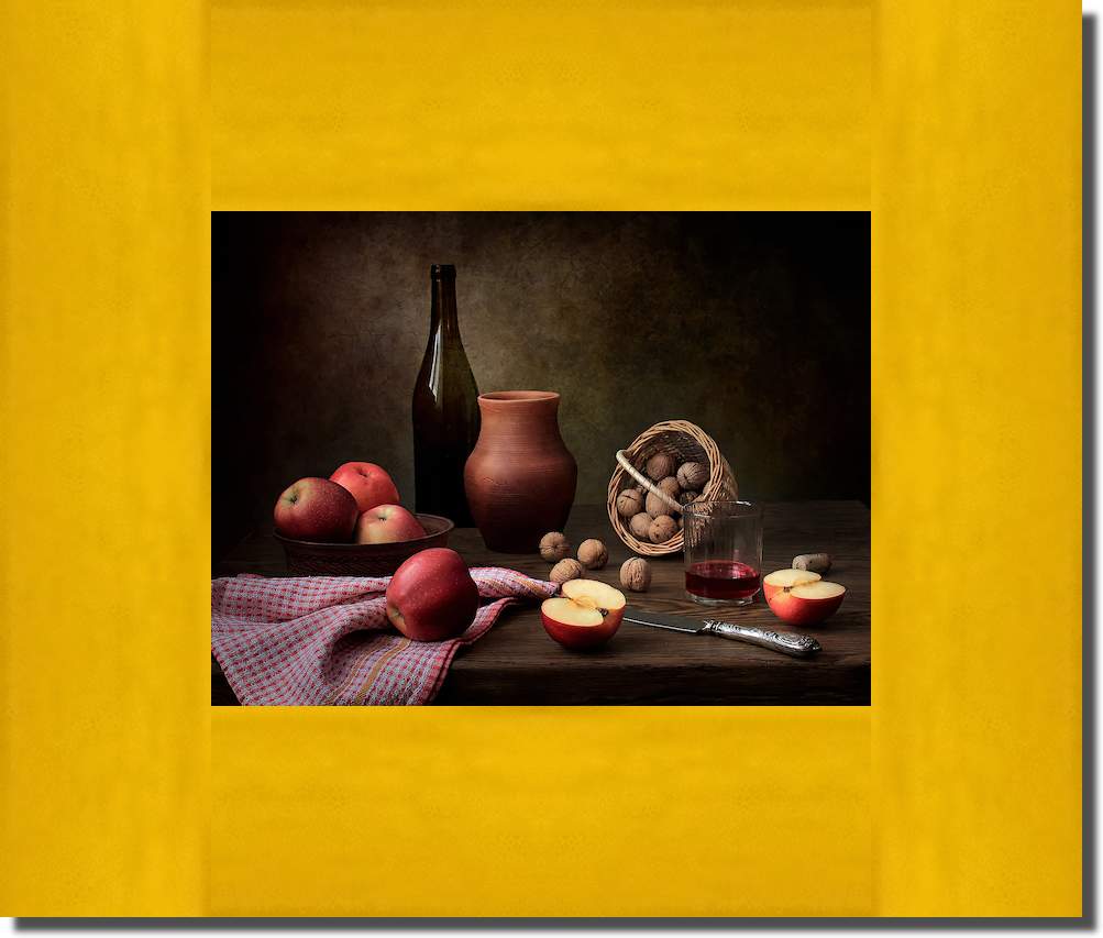 Still life with wine, nuts and apples von Tatyana Skorokhod