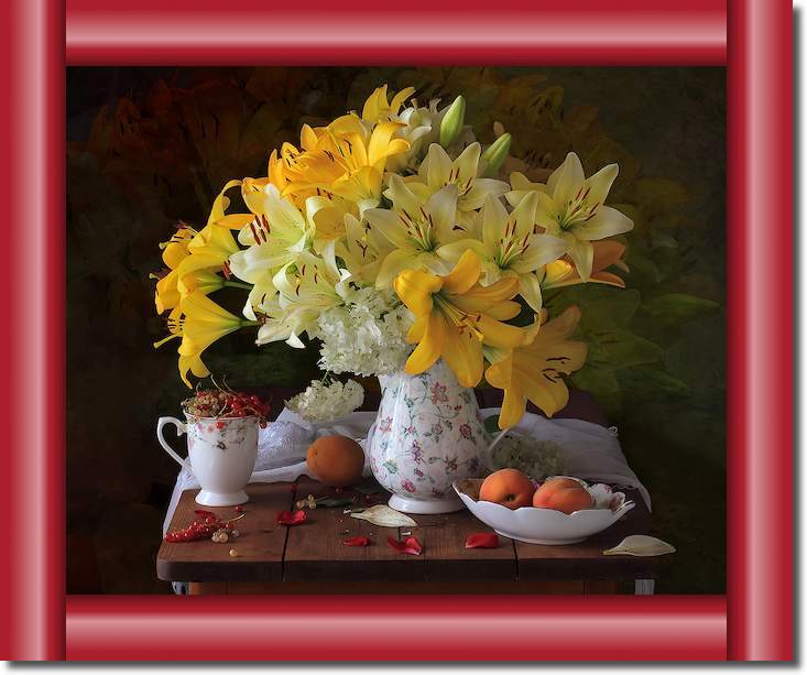 Still life with a bouquet of lilies and fruits von Tatyana Skorokhod