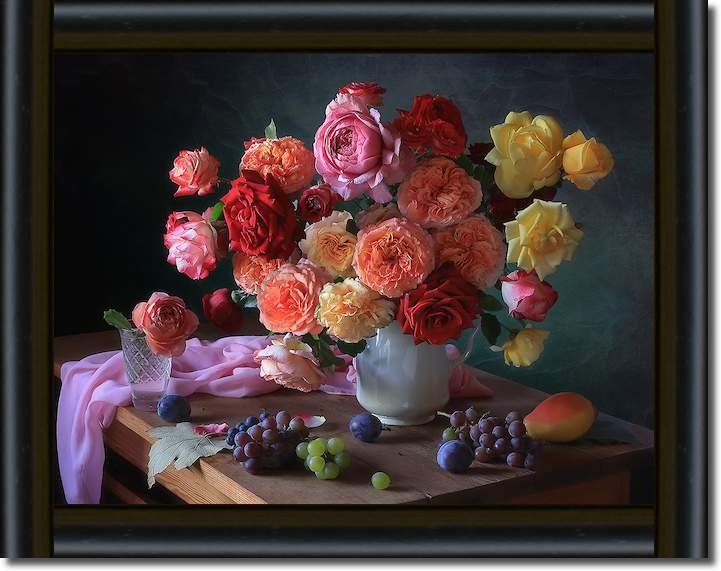 With a bouquet of roses and fruits von Tatyana Skorokhod