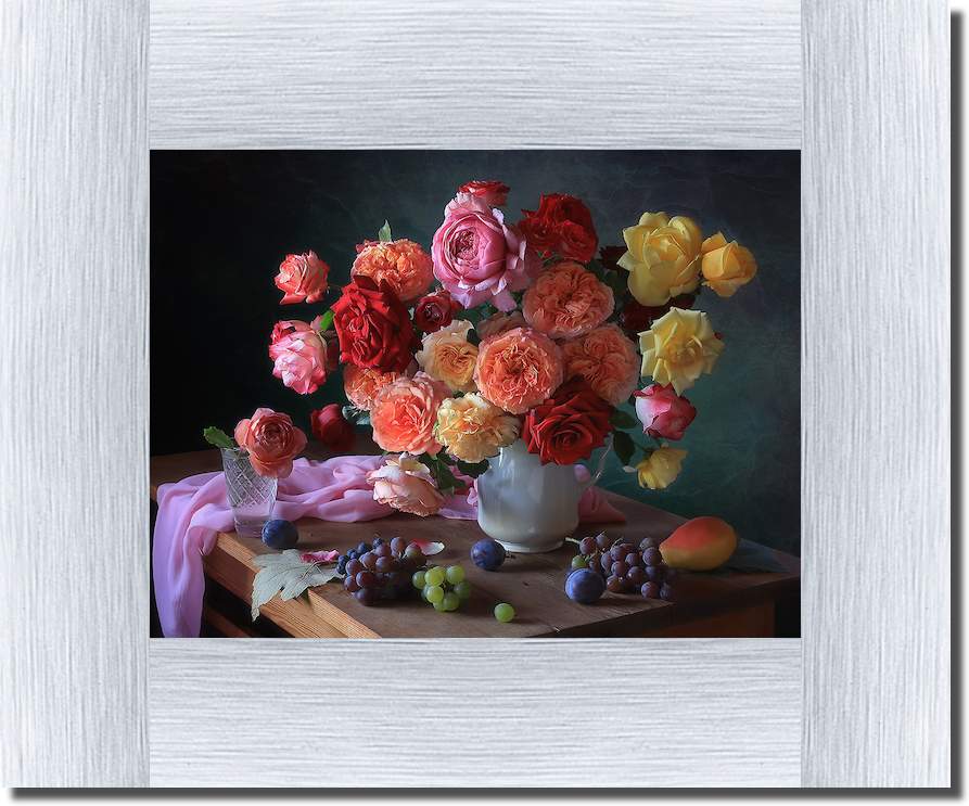 With a bouquet of roses and fruits von Tatyana Skorokhod