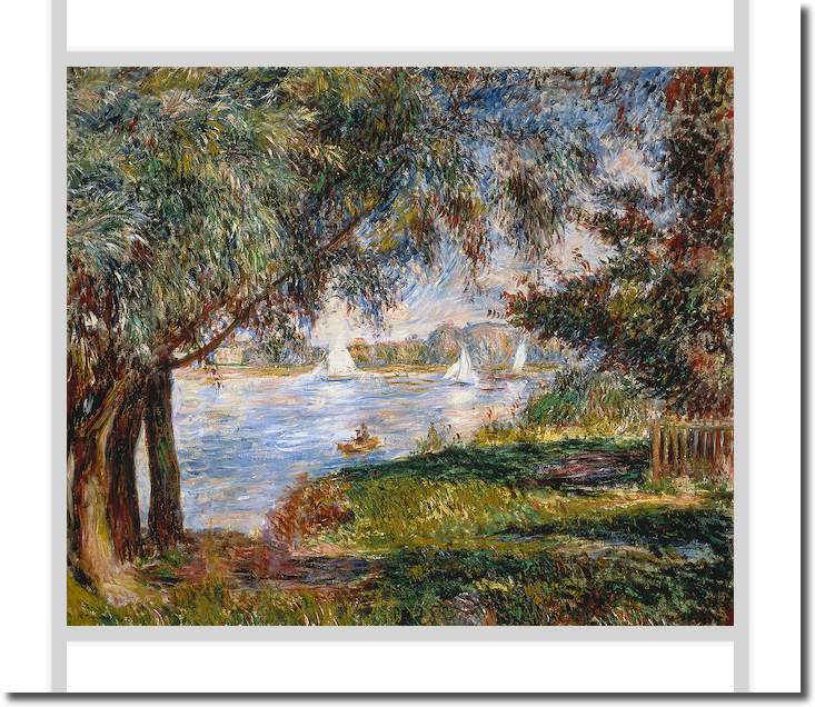 Blick durch Bäume auf Segelboote in Bougival von Pierre Auguste Renoir