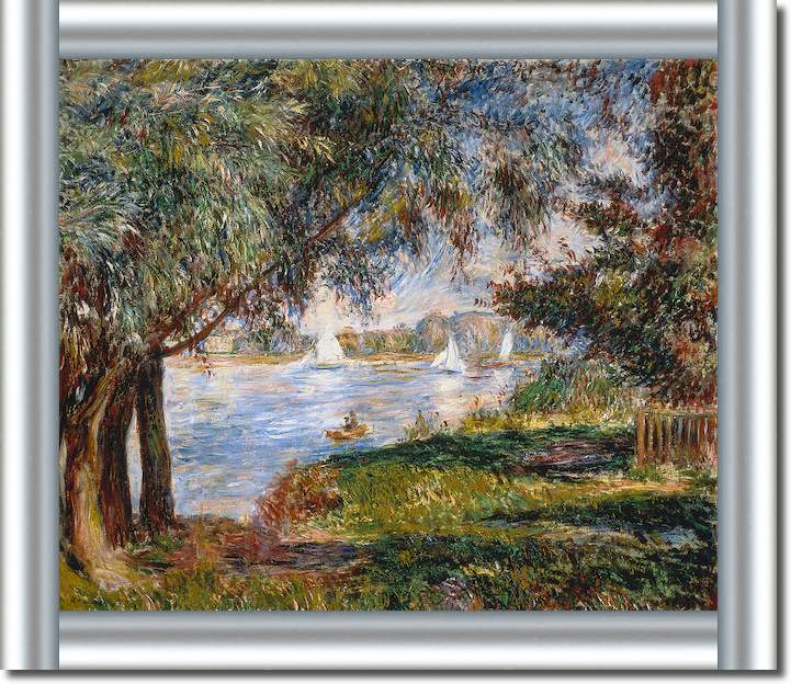 Blick durch Bäume auf Segelboote in Bougival von Pierre Auguste Renoir