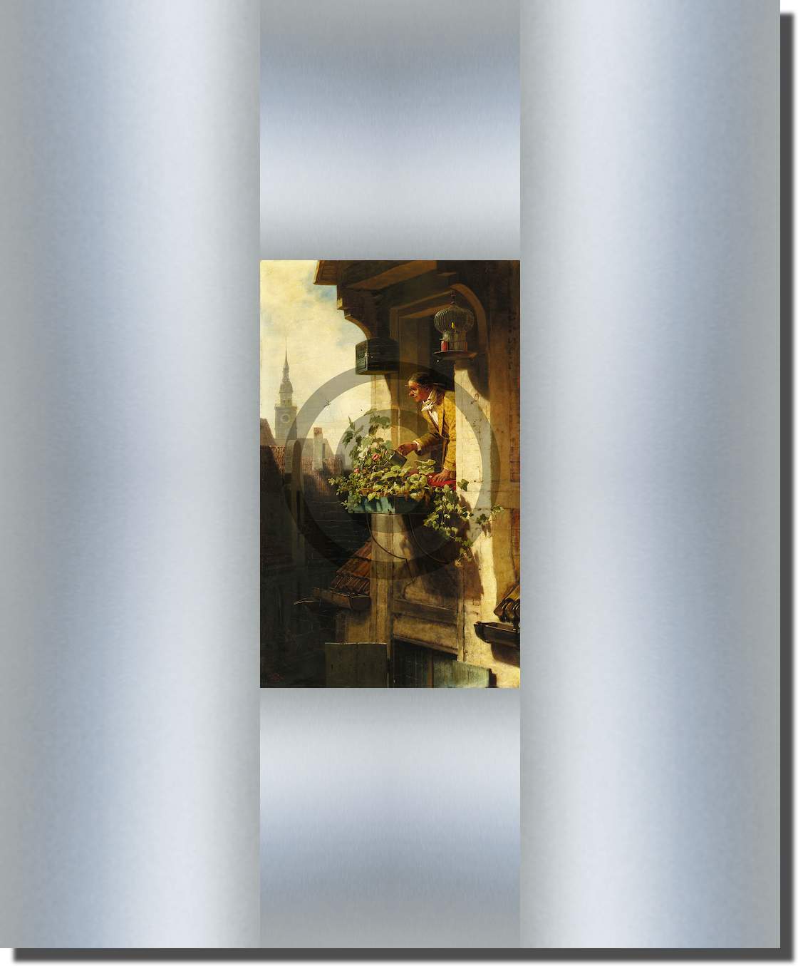 Mann beim Gießen des Blumenkastens (Die Dachstube I) von Carl Spitzweg